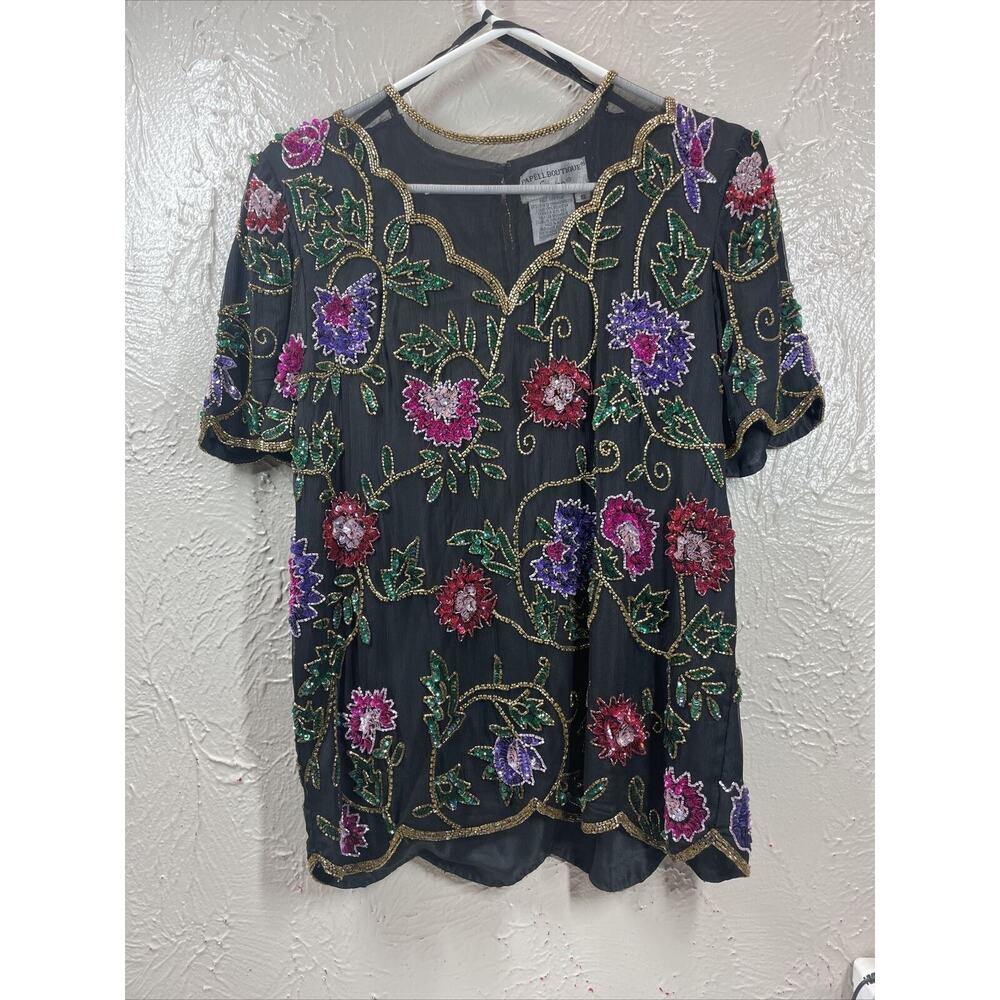 Vintage Papell Boutique‎ Floral Sequins Beaded Silk Blouse Women's Size Small